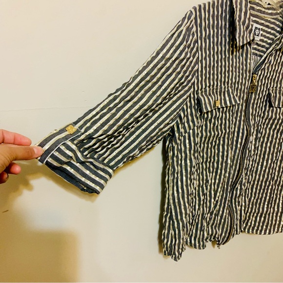 Anne Klein Metallic Gold Gray Striped Zip Front Blouse 3/4 Sleeve Top - XL - Picture 7 of 9